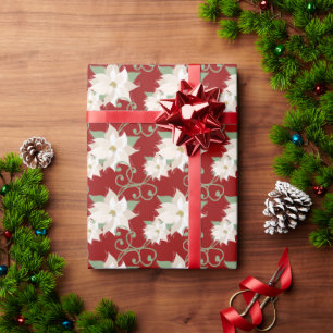 Elegant White Poinsettia Pattern Swirls Christmas Wrapping Paper