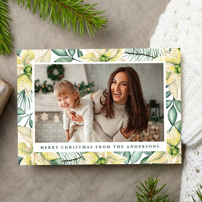 Elegant White Poinsettias Photo Holiday Card (Creator Uploaded)