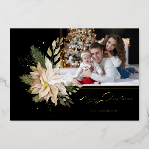 Elegant White Poinsettias wGold Greenery Photo Foil Holiday Card