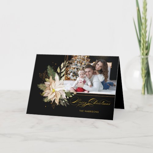 Elegant White Poinsettias wGold Greenery Photo Holiday Card