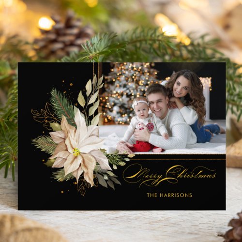 Elegant White Poinsettias wGold Greenery Photo Holiday Card
