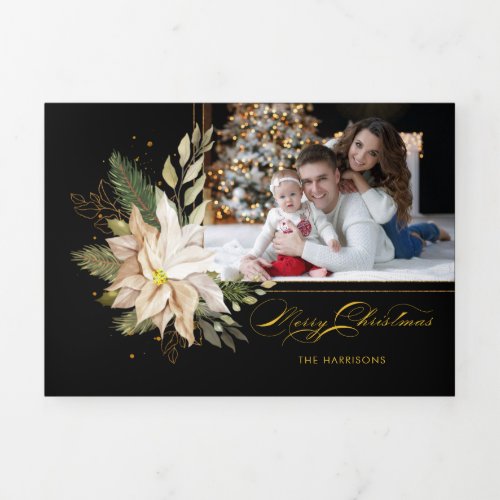 Elegant White Poinsettias wGold Greenery Photo Tri_Fold Holiday Card