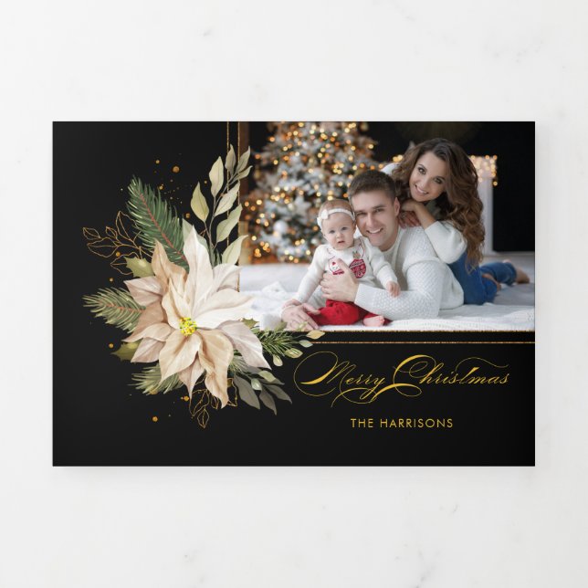 Elegant White Poinsettias w/Gold Greenery Photo Tri-Fold Holiday Card (Cover)