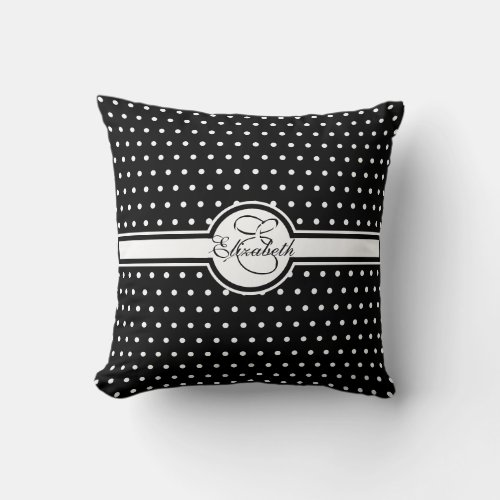 Elegant White Polka Dots on Black Monogram Throw Pillow