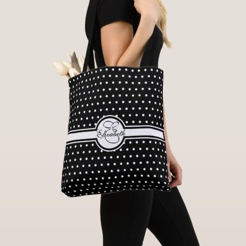 Elegant White Polka Dots on Black Monogram Tote Bag