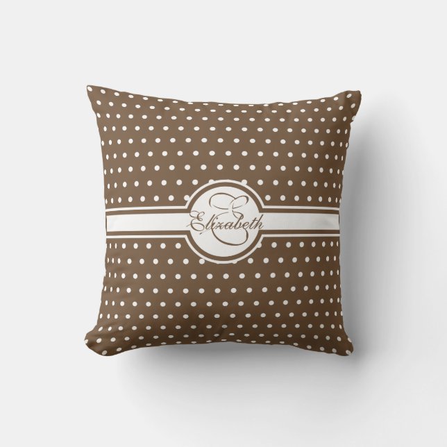 Elegant White Polka Dots on Brown Monogram Throw Pillow (Front)