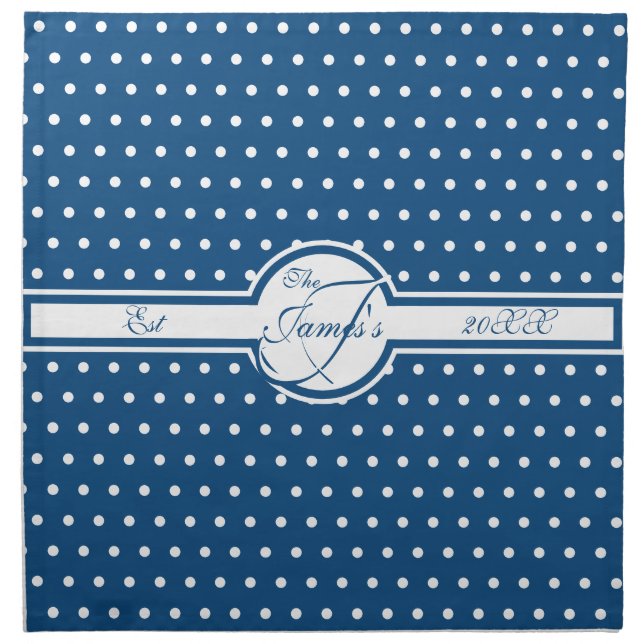 Elegant White Polka Dots on Classic Blue Monogram Cloth Napkin (Front)