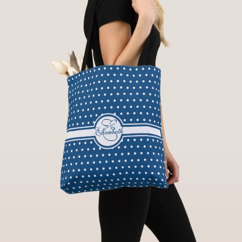 Elegant White Polka Dots on Classic Blue Tote Bag