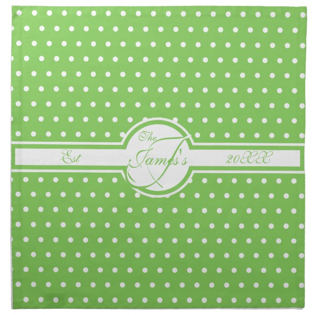 Elegant White Polka Dots on Green Monogram Cloth Napkin (Front)