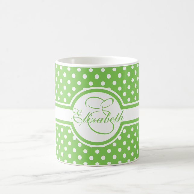 Elegant White Polka Dots on Green Monogram Coffee Mug (Center)