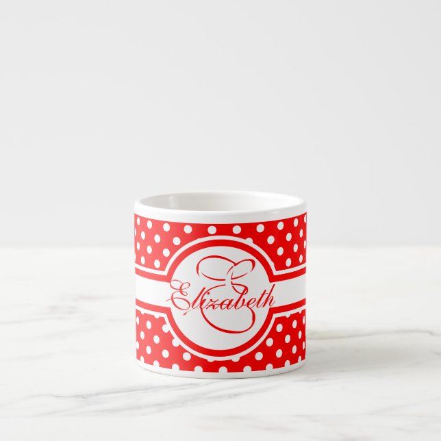 Elegant White Polka Dots on Red Monogram Espresso Cup (Front)