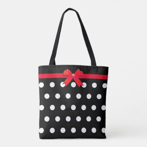 Elegant White Polka Dots with Red Ribbon Tote Bag