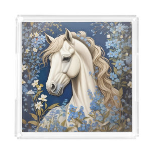Elegant White Pony And Forget-Me-Nots Acrylic Tray