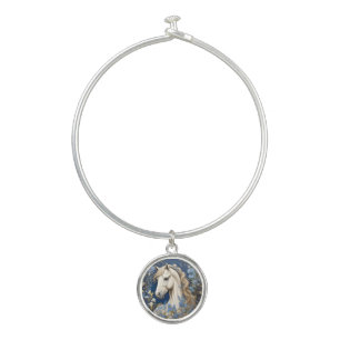 Elegant White Pony And Forget-Me-Nots Bangle Bracelet