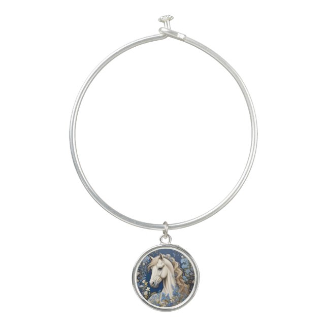 Elegant White Pony And Forget-Me-Nots Bangle Bracelet (Front)