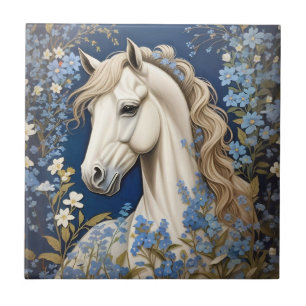 Elegant White Pony And Forget-Me-Nots Ceramic Tile