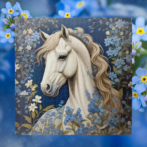 Elegant White Pony And Forget_Me_Nots Jigsaw Puzzle
