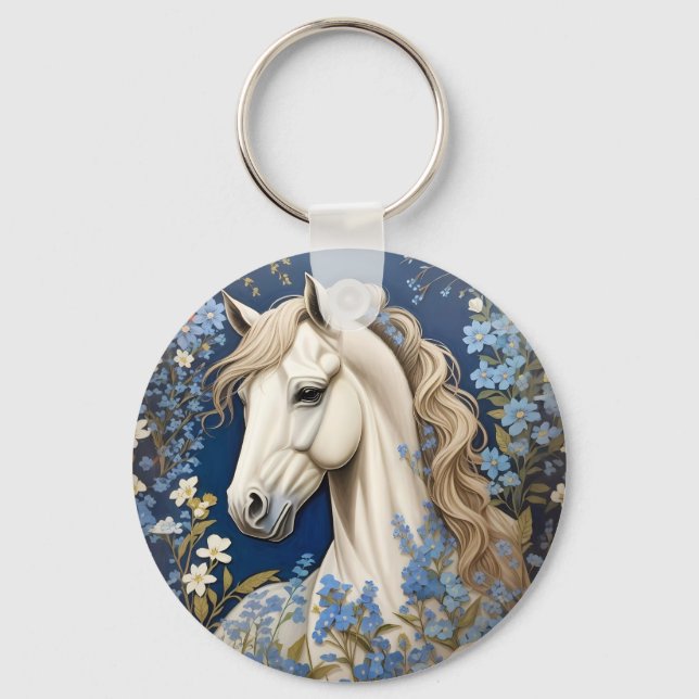 Elegant White Pony And Forget-Me-Nots Keychain (Front)