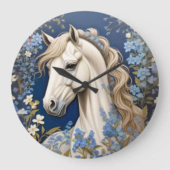 Elegant White Pony And Forget-Me-Nots Large Clock (Front)