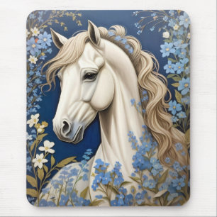 Elegant White Pony And Forget-Me-Nots Mouse Pad