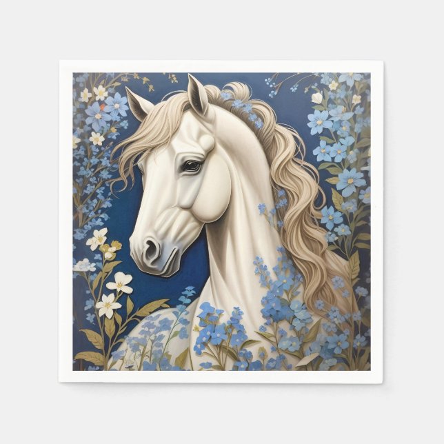 Elegant White Pony And Forget-Me-Nots Napkins (Front)