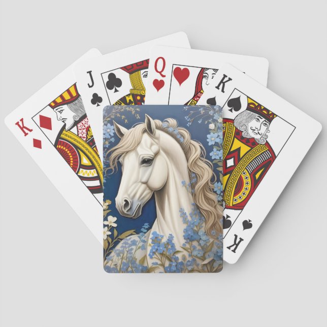 Elegant White Pony And Forget-Me-Nots Poker Cards (Back)