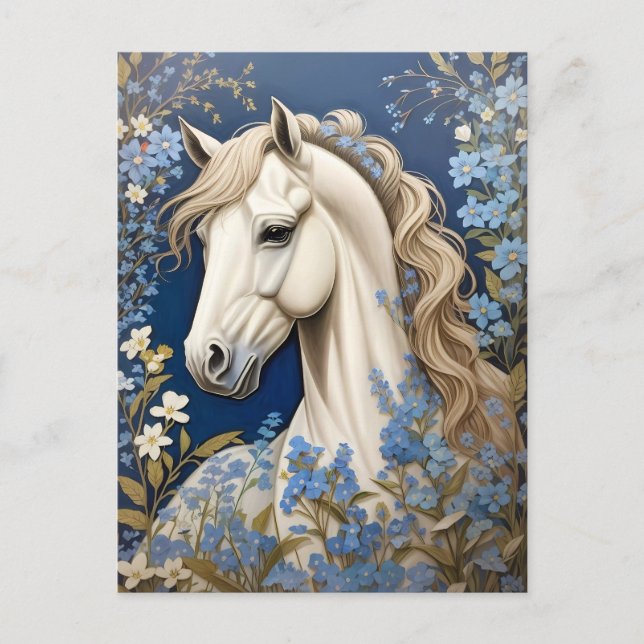 Elegant White Pony And Forget-Me-Nots Postcard (Front)