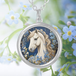 Elegant White Pony And Forget-Me-Nots Silver Plated Necklace