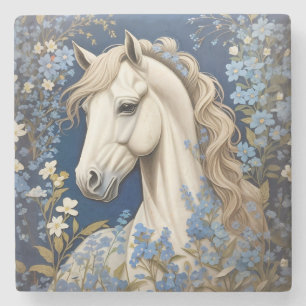 Elegant White Pony And Forget-Me-Nots Stone Coaster