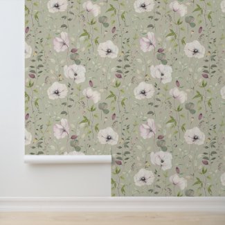 Elegant White Poppies Floral Pattern Mist Green