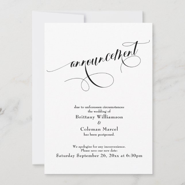 Elegant White Postponed Wedding Announcement (Front)