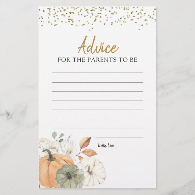 Elegant White Pumpkin Baby Shower Advice Card (Front)