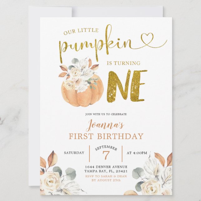 Elegant White Pumpkin Floral First Birthday Invite (Front)