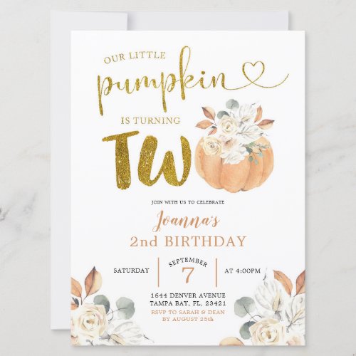 Elegant White Pumpkin Floral Second Birthday Invit Invitation