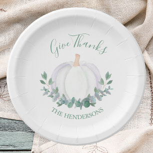 Elegant White Pumpkin Green Leaves Thanksgiving Paper Plates