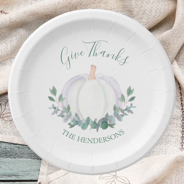 Elegant White Pumpkin Green Leaves Thanksgiving Paper Plates (Creator Uploaded)