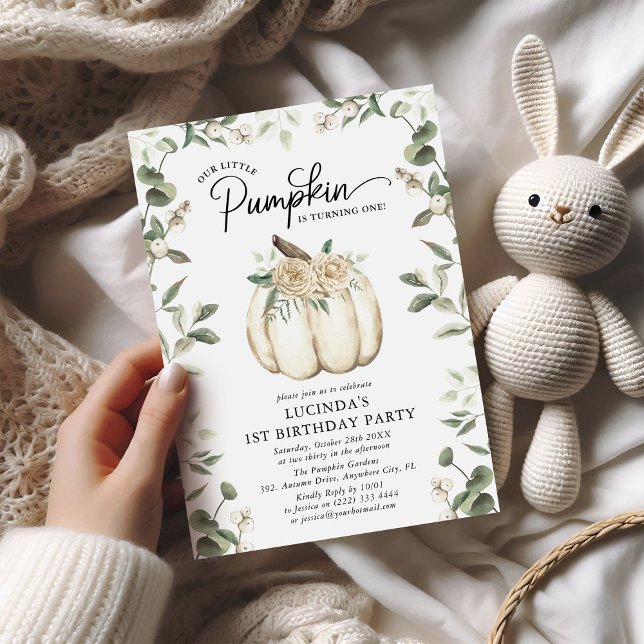 Elegant White Pumpkin & Greenery 1st Birthday Invitation (Creator Uploaded)