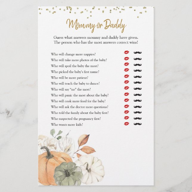 Elegant White Pumpkin Mommy or Daddy Games (Front)