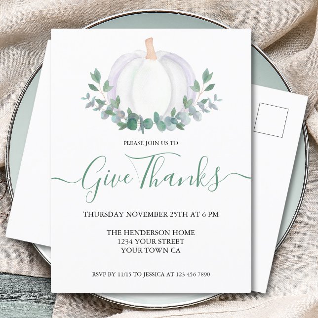 Elegant White Pumpkin Thanksgiving Dinner  Invitation Postcard (Creator Uploaded)