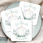 Elegant White Pumpkin Thanksgiving Square Paper Coaster<br><div class="desc">These Thanksgiving coasters are decorated with a watercolor white pumpkin and eucalyptus in soft shades of green. 
They say "Give Thanks" in stylish script typography.
Easily customizable.
Original Watercolor © Michele Davies.</div>