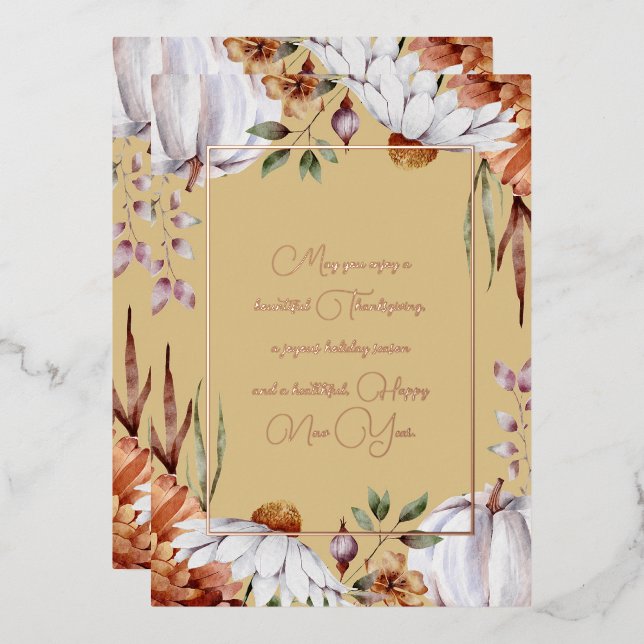Elegant White Pumpkins & Flowers Rose Gold Script Foil Holiday Card (Front/Back)