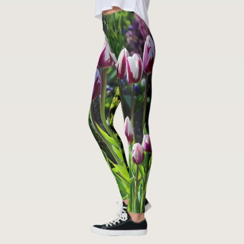 Elegant White Purple Flaming Flag Triumph Tulips Leggings