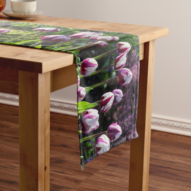 Elegant White Purple Flaming Flag Triumph Tulips Short Table Runner (In Situ)