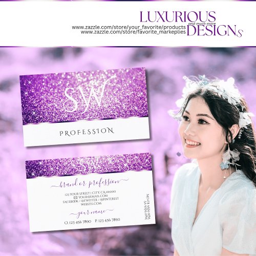 Elegant White Purple Glitter Spark Stars Initials Business Card