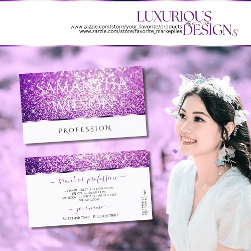 Elegant White Purple Glitter Spark Stars Noble Business Card