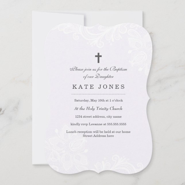 Elegant White Purple Lace baptism Invitation (Front)