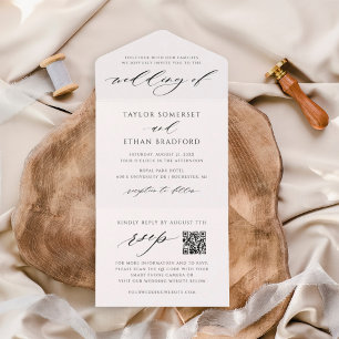 Elegant White QR Code RSVP Calligraphy Wedding All In One Invitation