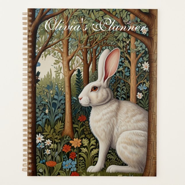 Elegant white rabbit boho retro woodland forest planner (Front)