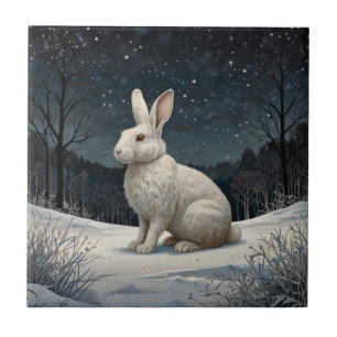 Elegant white rabbit Christmas snowy woodland Ceramic Tile