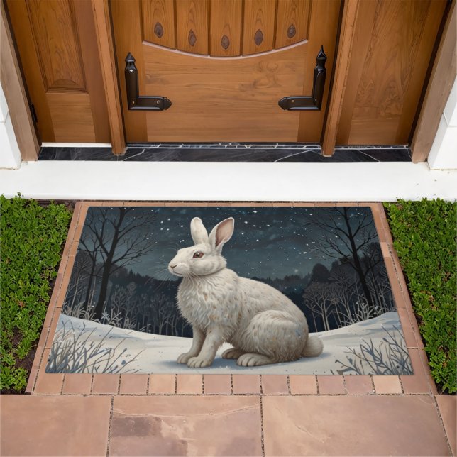 Elegant white rabbit Christmas snowy woodland  Doormat (Outdoor)